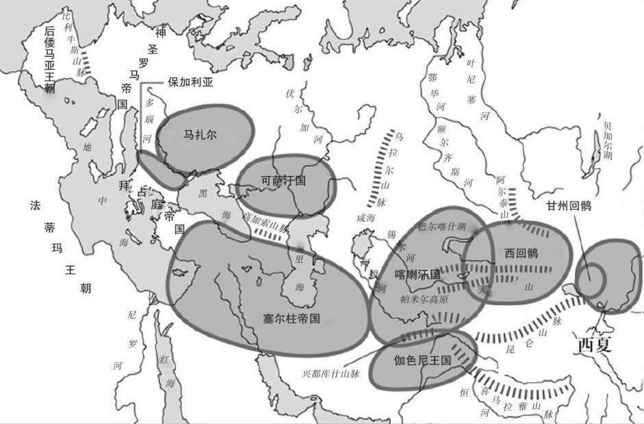10世纪前后王国分布图（只是地理位置示意图，各个王国并不是同时存在